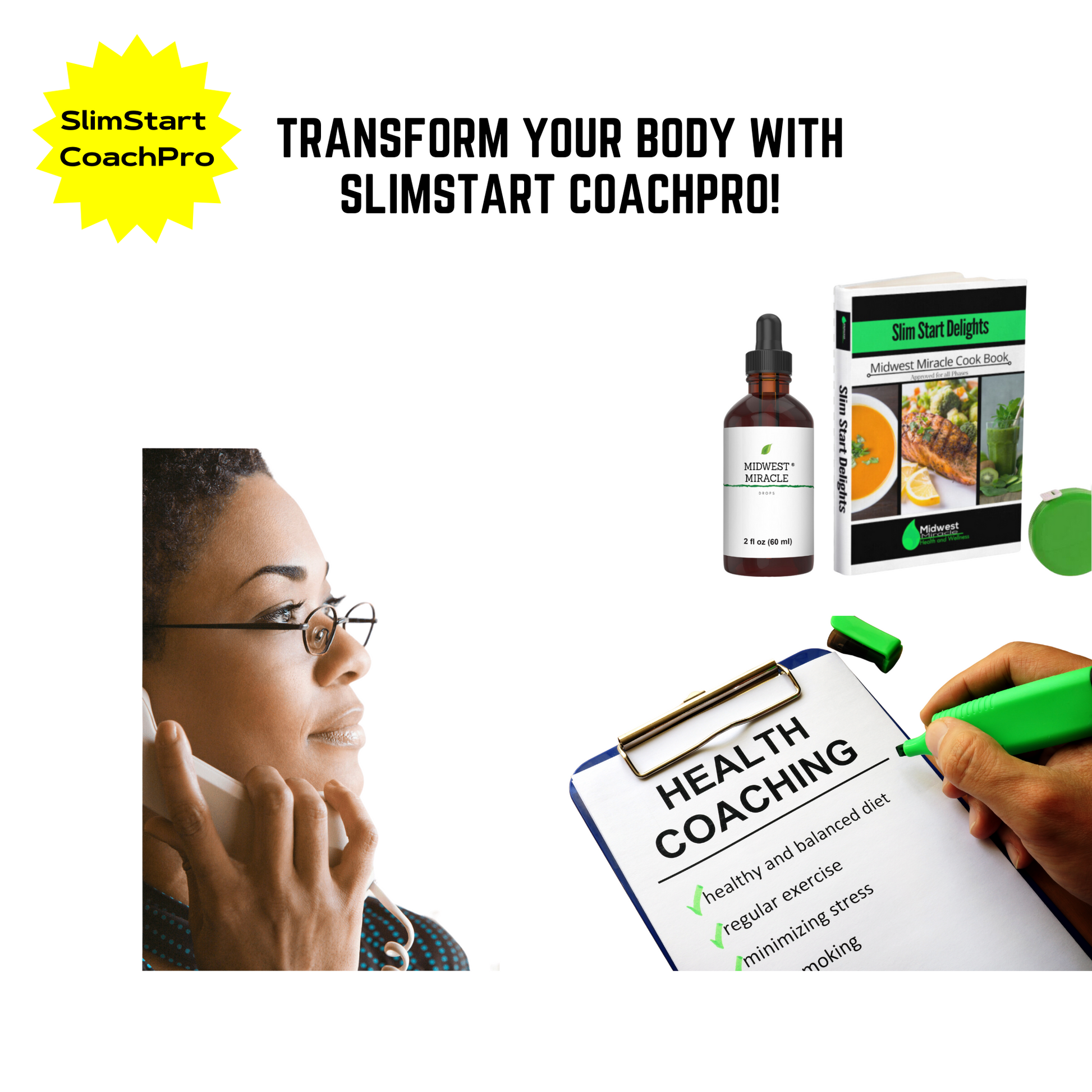 SlimStart CoachPro Package - Comprehensive Program for Lasting Results. Expert Guidance and Support for Your Weight Loss Journey. Daily Weight and Body Tracker for Progress Monitoring. Access to Exclusive E-Book and Nutritious Recipes. Shopping List for Hassle-Free Meal Planning."Includes Tape Measure to Track Body Transformations.